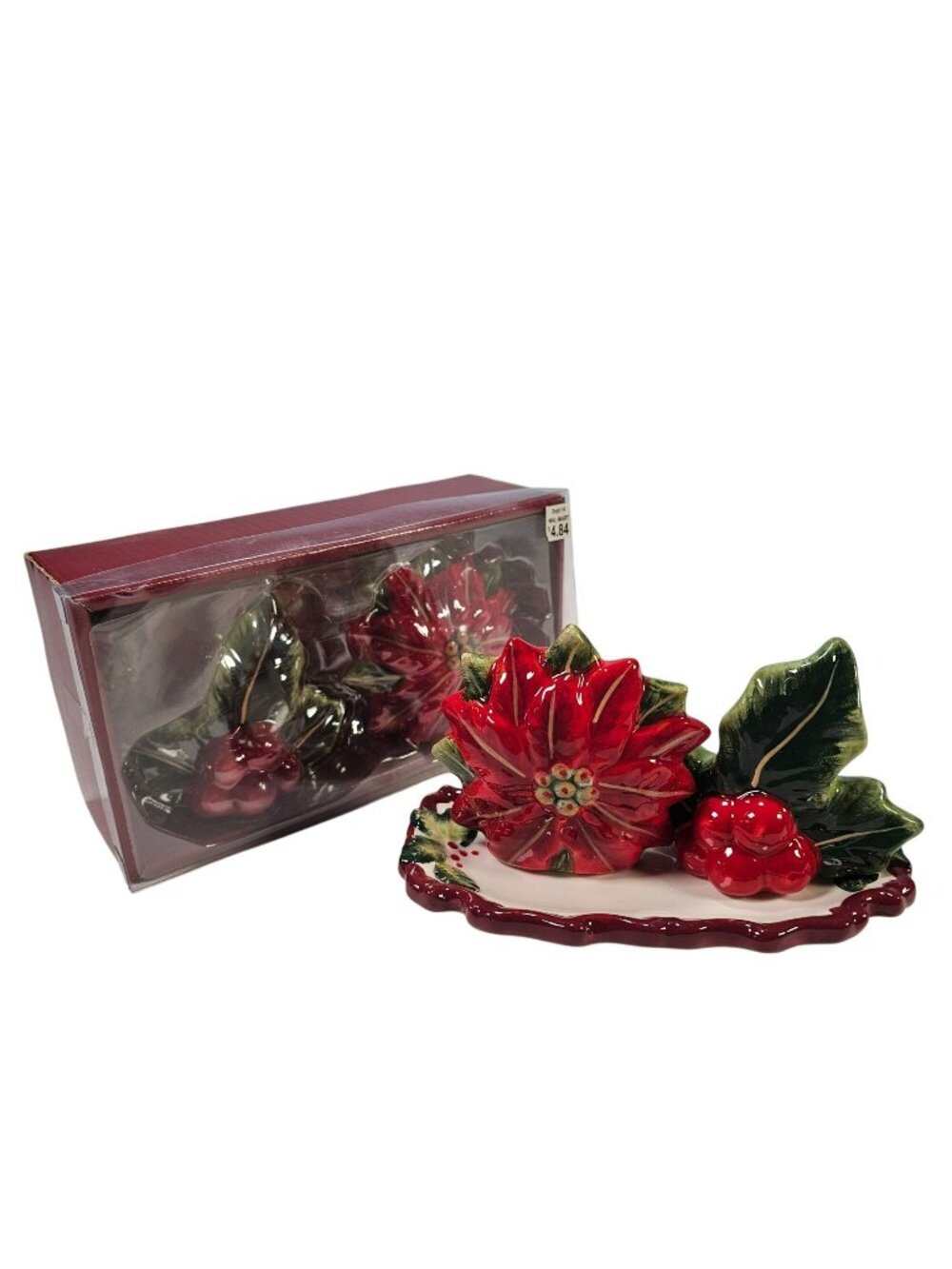 Poinsettia & Holly Berry Ceramic Salt & Pepper Shaker Set w/ Tray NEW in Box